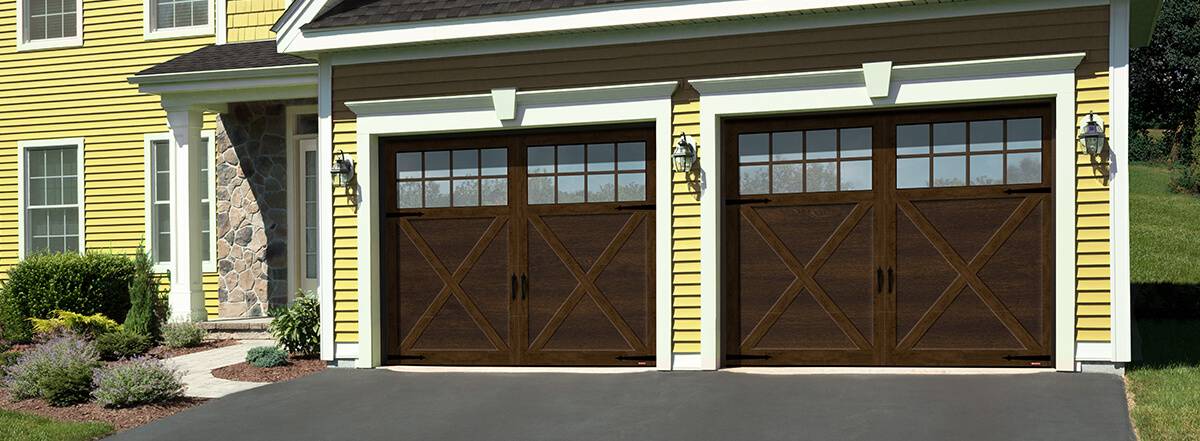 Princeton P-21, 18’ x 7’, Chocolate Walnut door and Ice White overlays, 4 vertical lite Panoramic windows